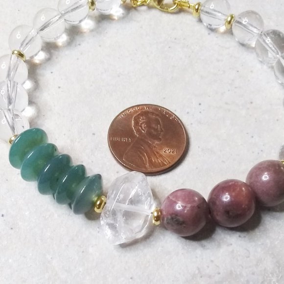 Clear Quartz & Green Agate & Rhodonite - Heart Healing & Self Love Bracelet - Picture 6 of 7